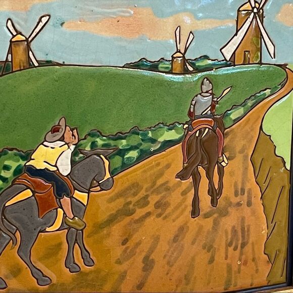 Antique Framed Don Quixote Sancho 8” Enameled Clay 8” Square Tiles Custom Framed - Picture 13 of 16